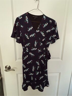 Banana Republic Navy Floral Wrap Midi Dress with Teal & Burgundy Accents